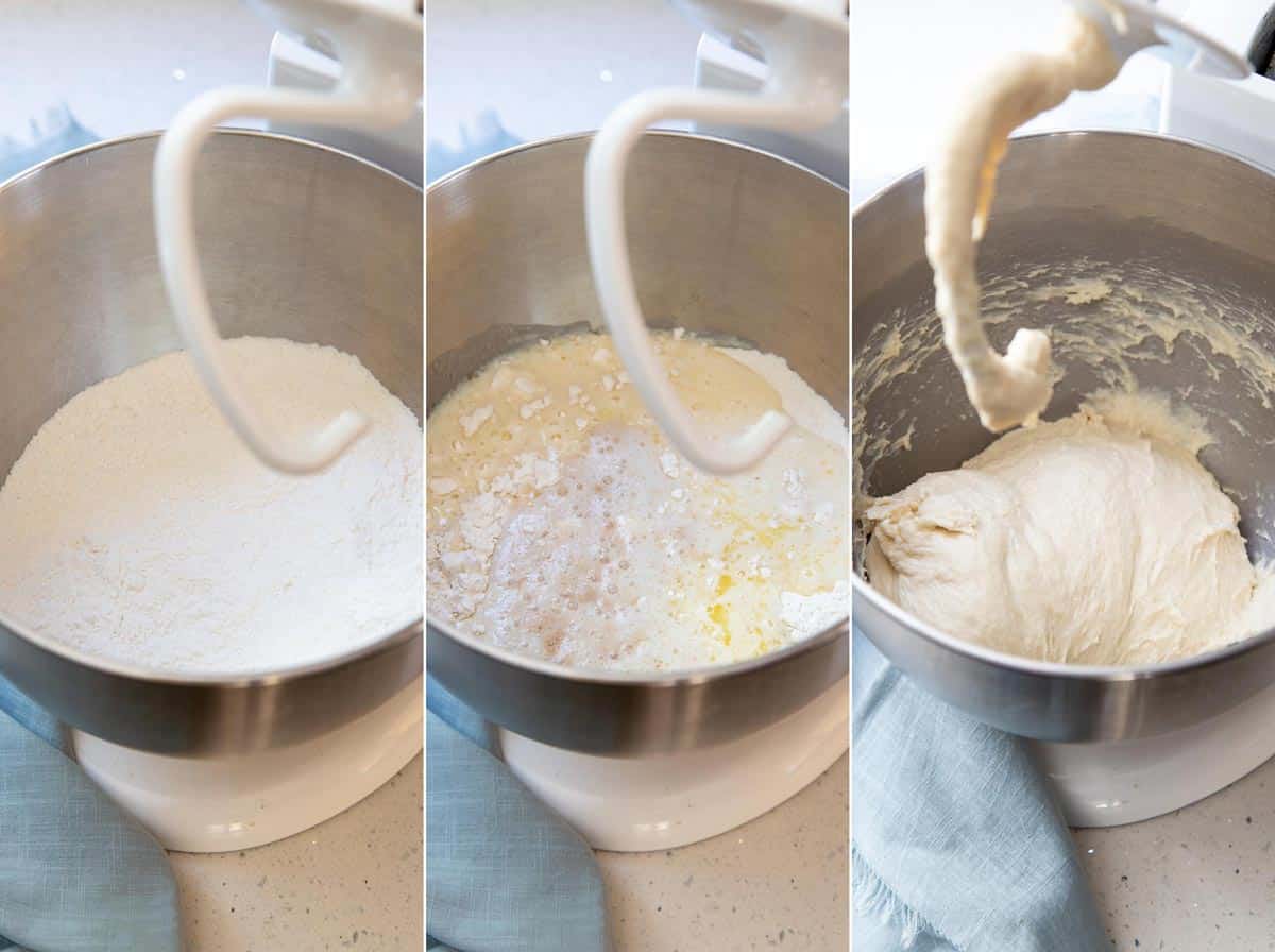 Collage of 3 photos showing wet and dry ingredients added together and kneaded into bread dough.