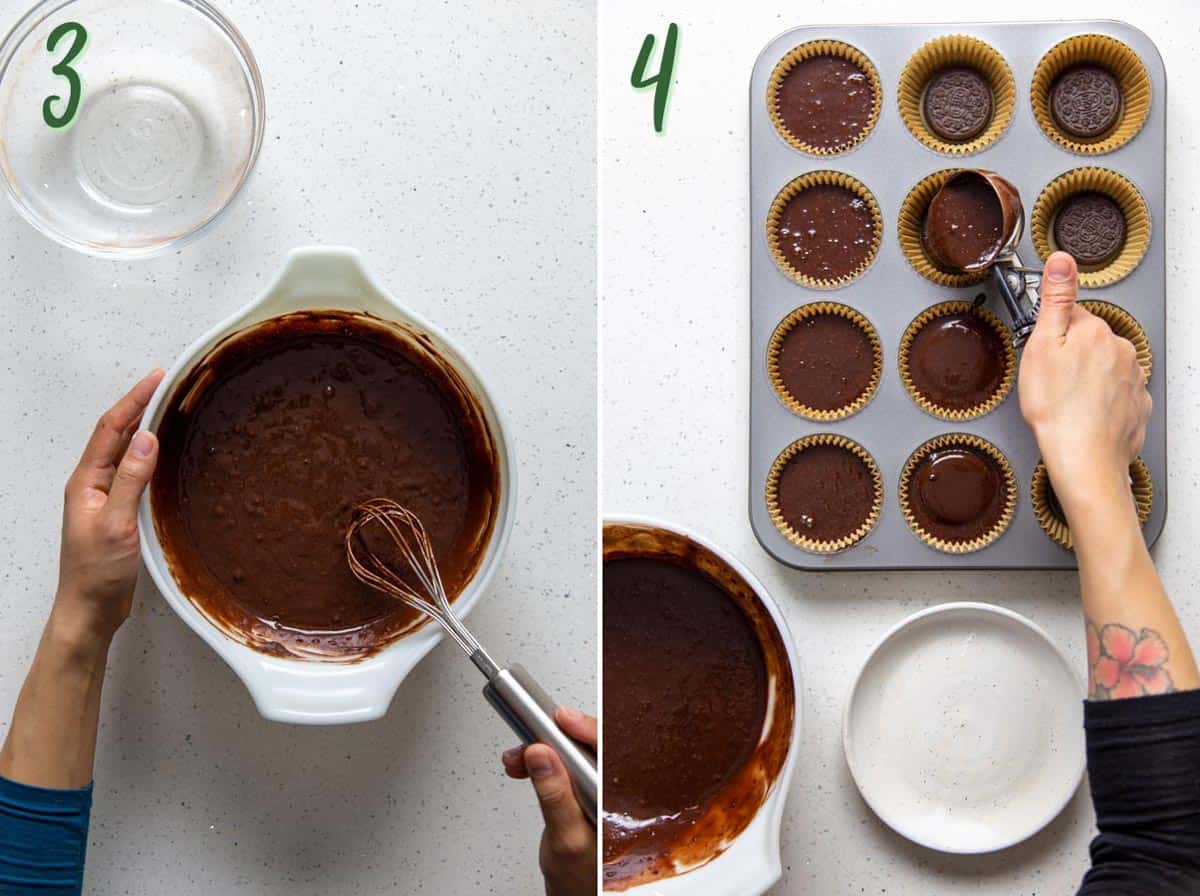 Collage of 2 photos: mixing chocolate cake batter and dividing into muffin tins.