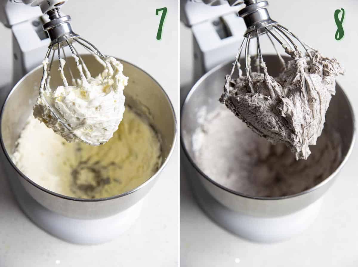 Collage of 2 photos: Oreo butter cream frosting being made.