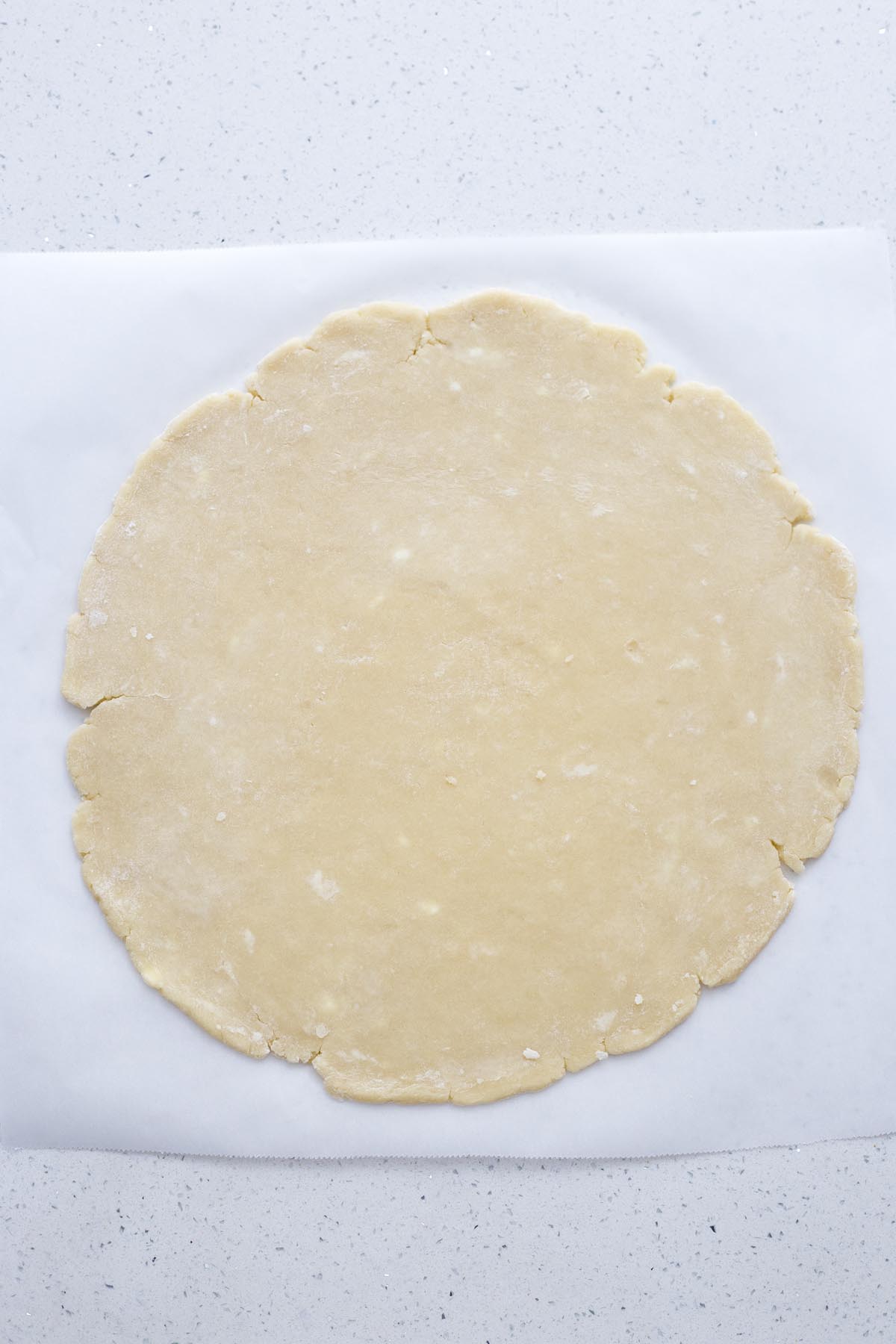 Rolled out pie dough on parchment paper.