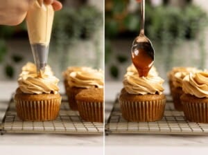 Pipe caramel frosting on top of apple cupcakes and add more caramel.