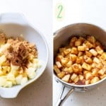 A collage of 2 photos showing how to make the apple pie filling