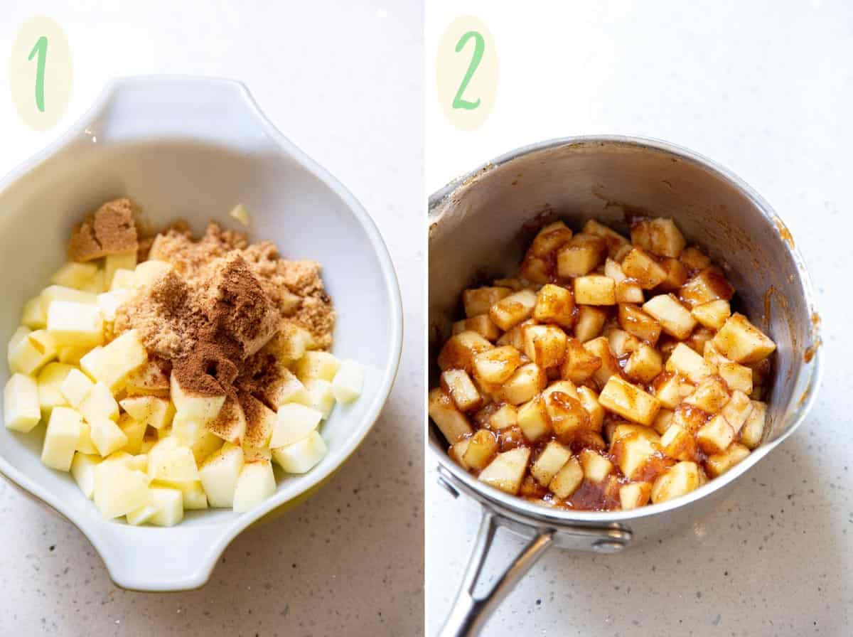 A collage of 2 photos showing how to make the apple pie filling