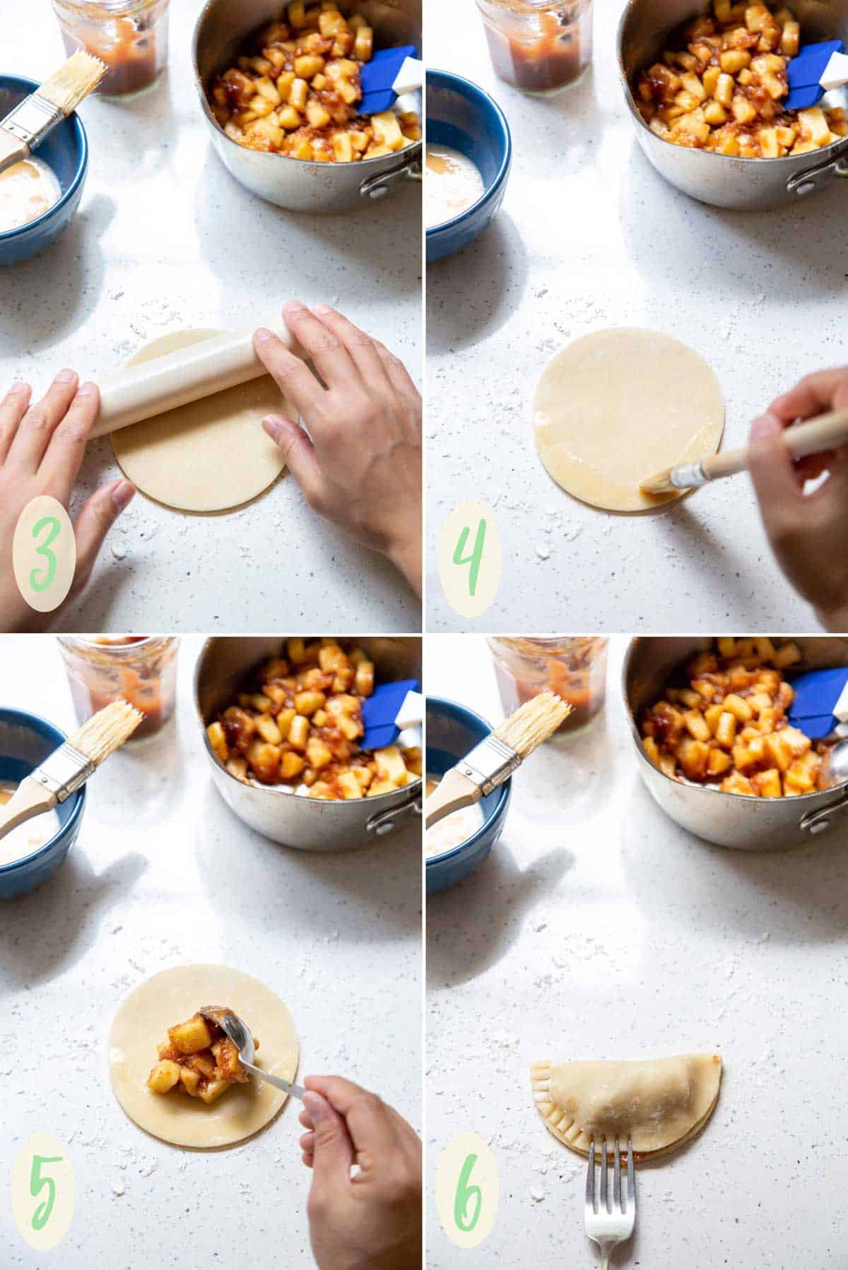 A collage of 4 photos showing how to assemble the hand pies