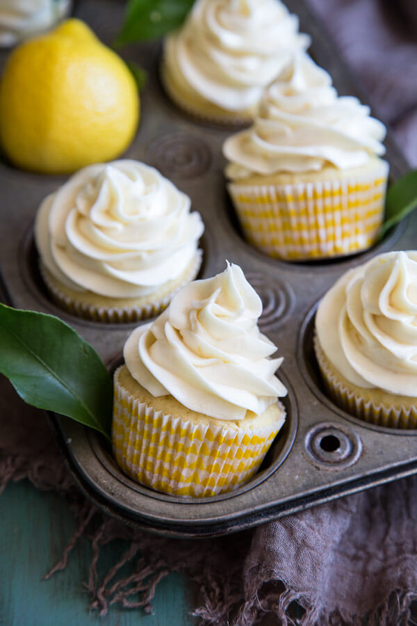 Lemon Cupcakes with Cream Cheese Frosting in a cupcake pan