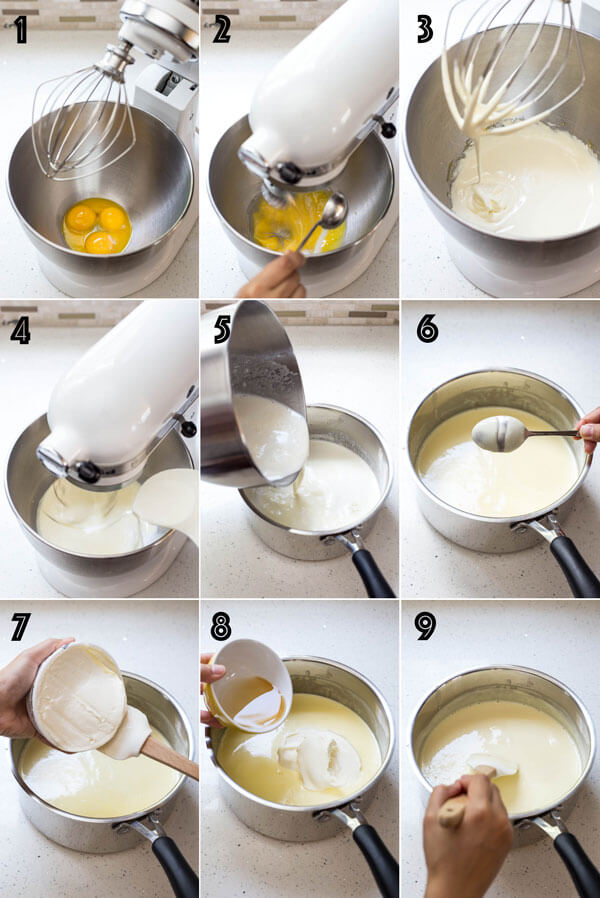 Process photos showing how to make mascarpone ice cream base