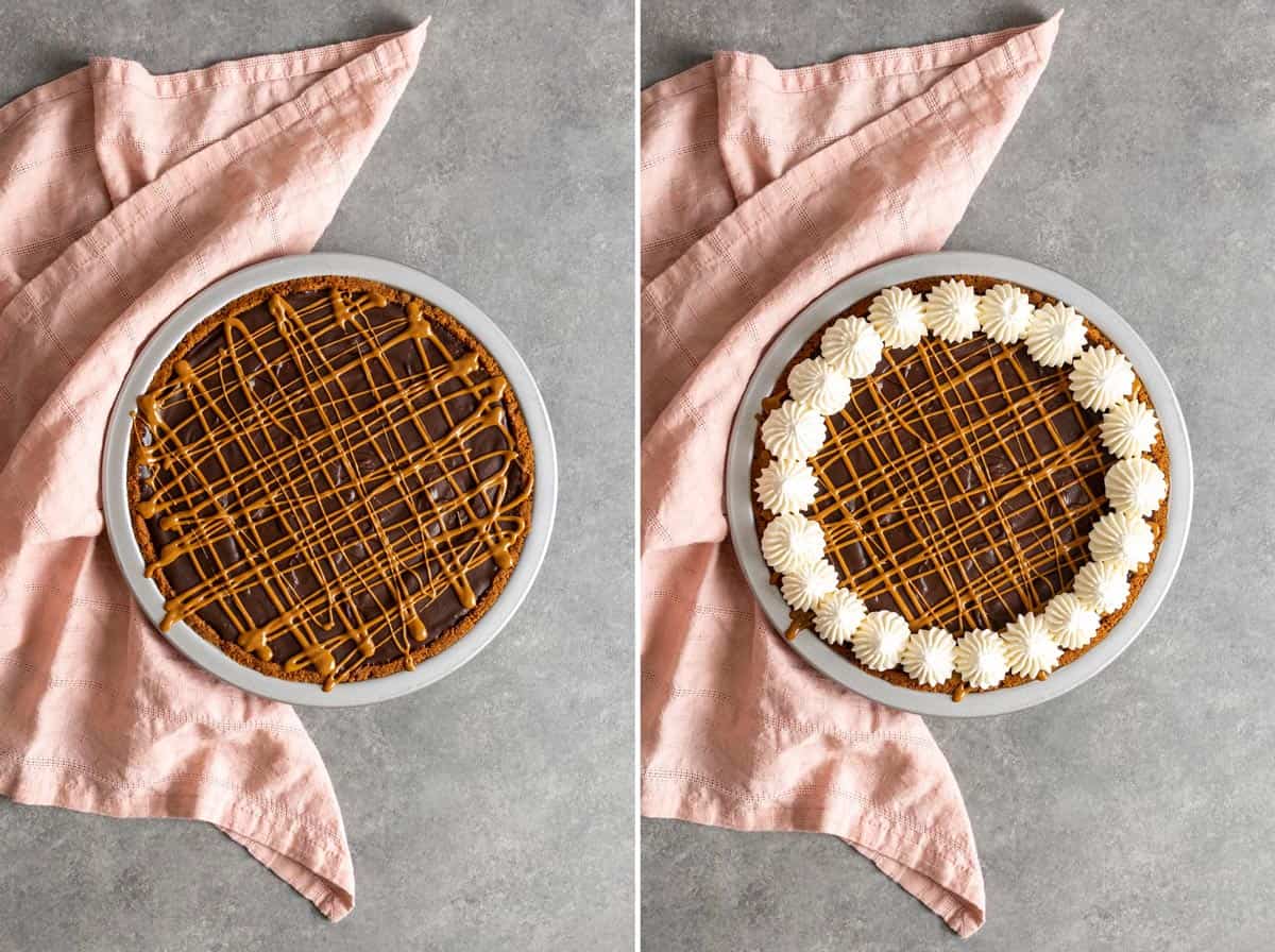 Decorate Biscoff pie with cookie butter drizzle and whipped cream.