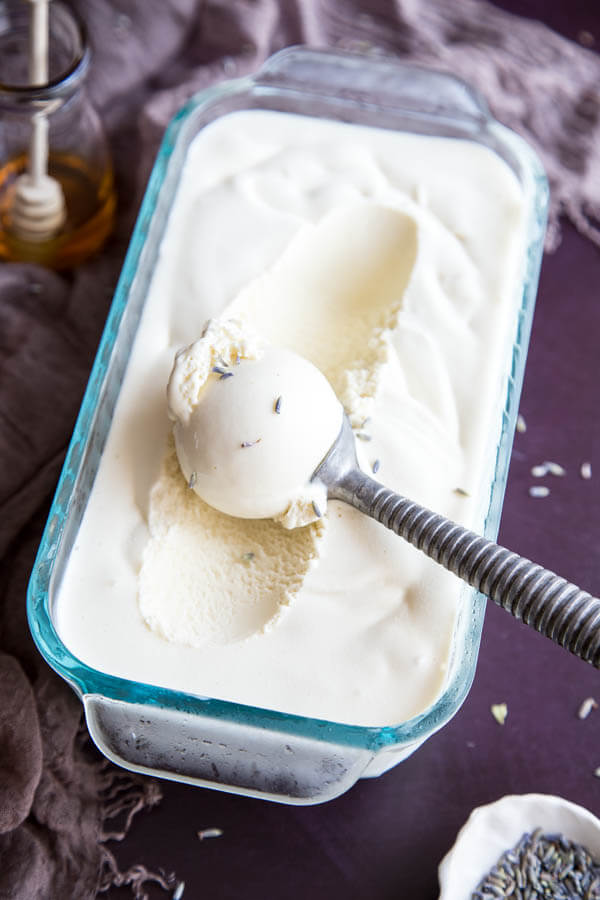 Honey Lavender Ice Cream in a glass container