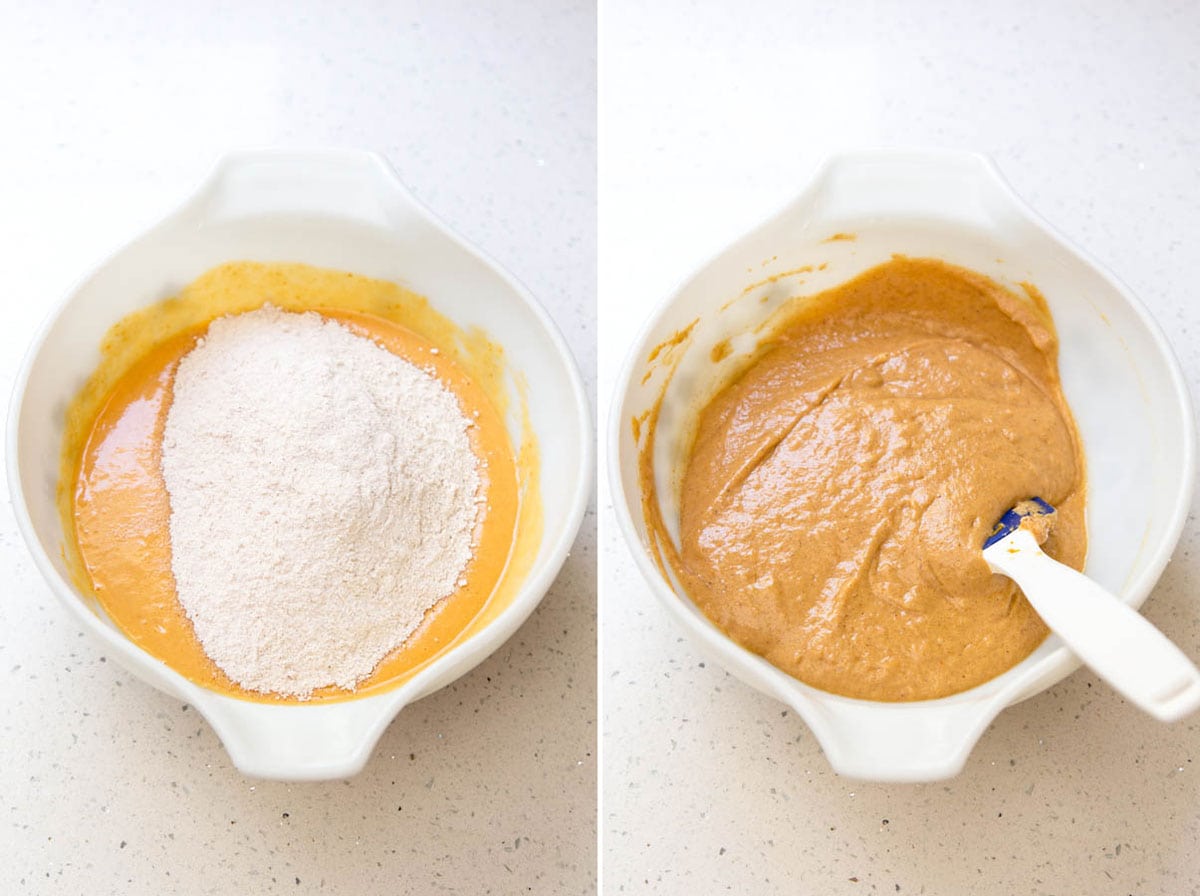 Adding dry ingredients to make pumpkin pie cupcakes.