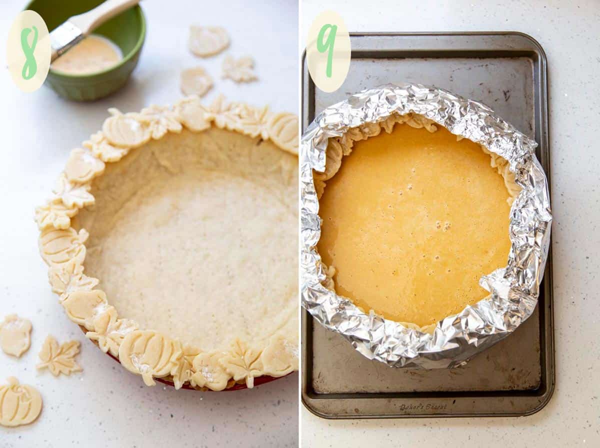 A collage of 2 photos showing how to assemble pumpkin pie for baking
