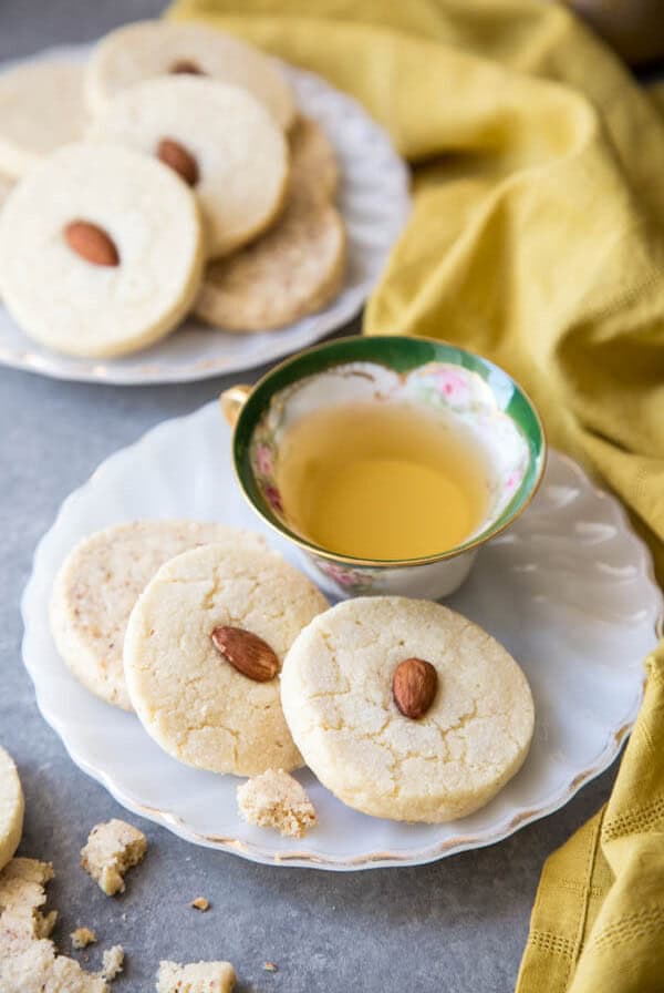 Almond Shortbread Cookies on a plate with tea
