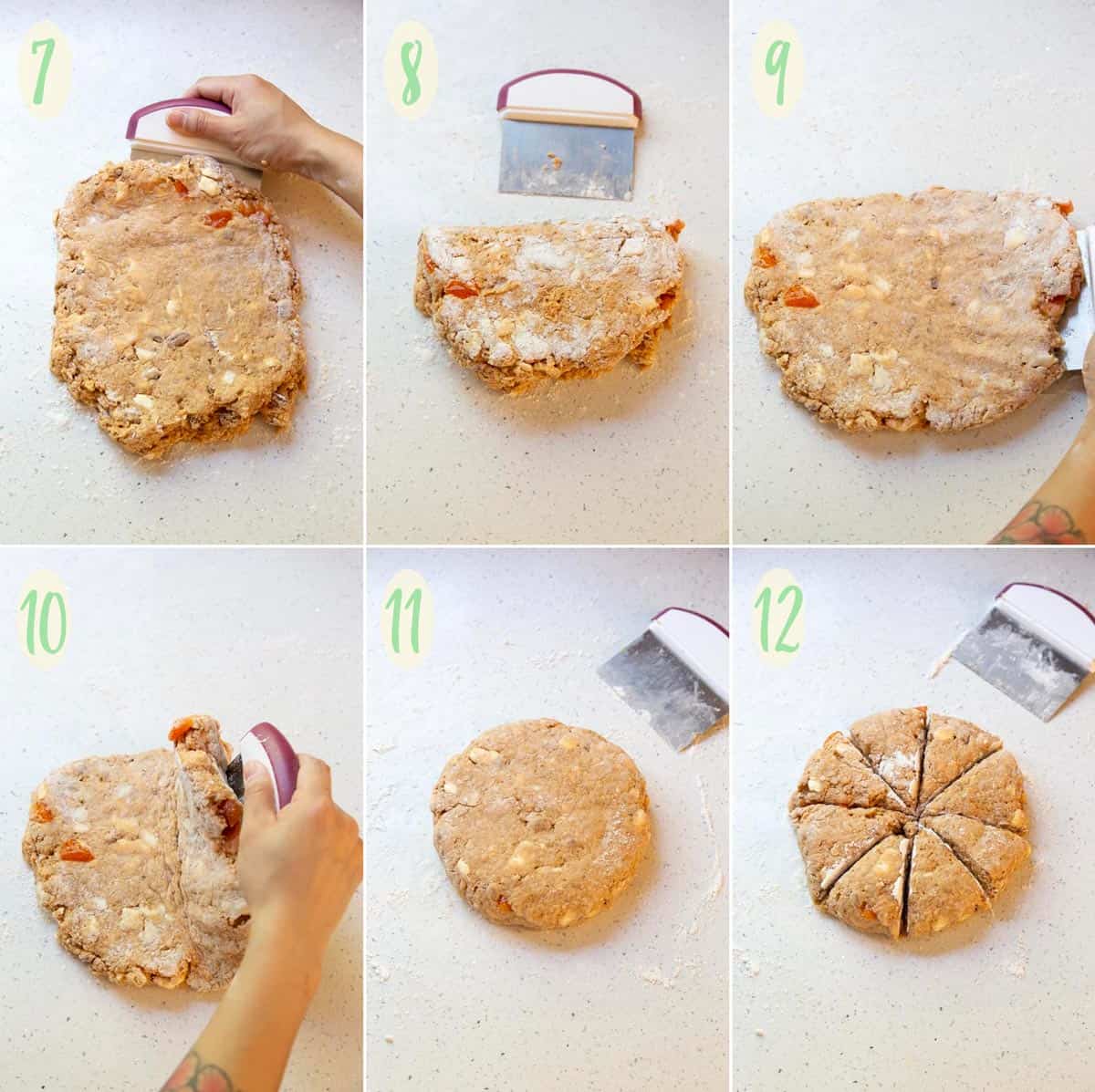 Cardamom Persimmon Pecan Scones Collage of 6 photos showing how to shape the scone dough