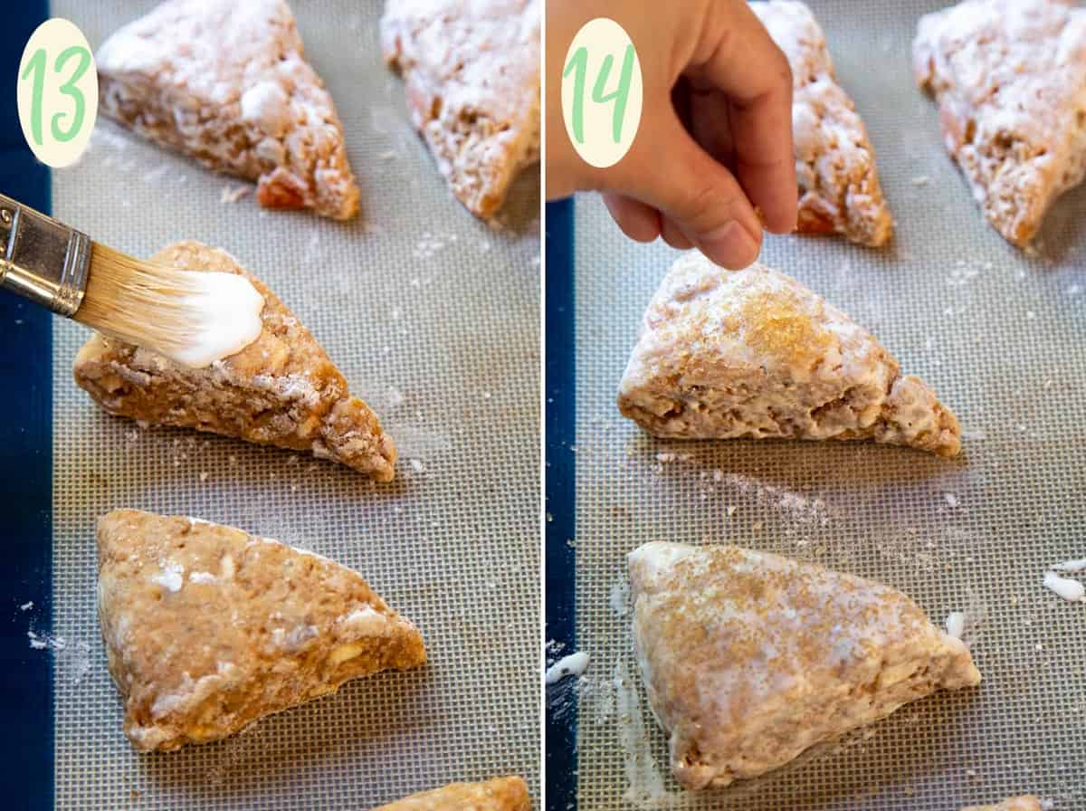 Cardamom Persimmon Pecan Scones Collage of 2 photos adding cream wash and turbinado to the scones