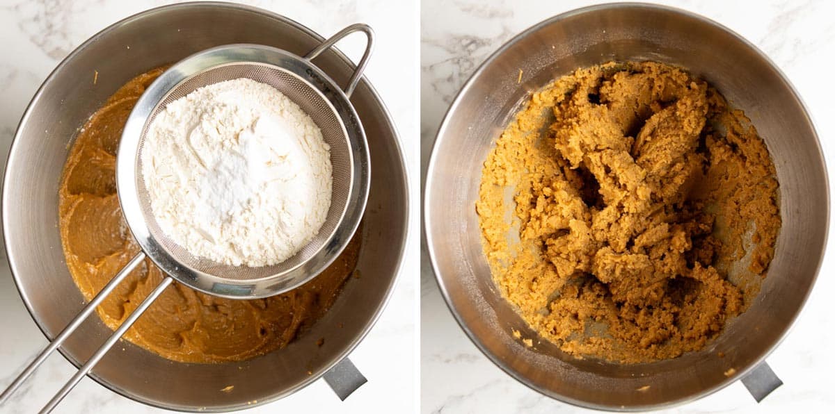 Dry ingredients are sifted in and mix to form a miso peanut butter cookie dough.