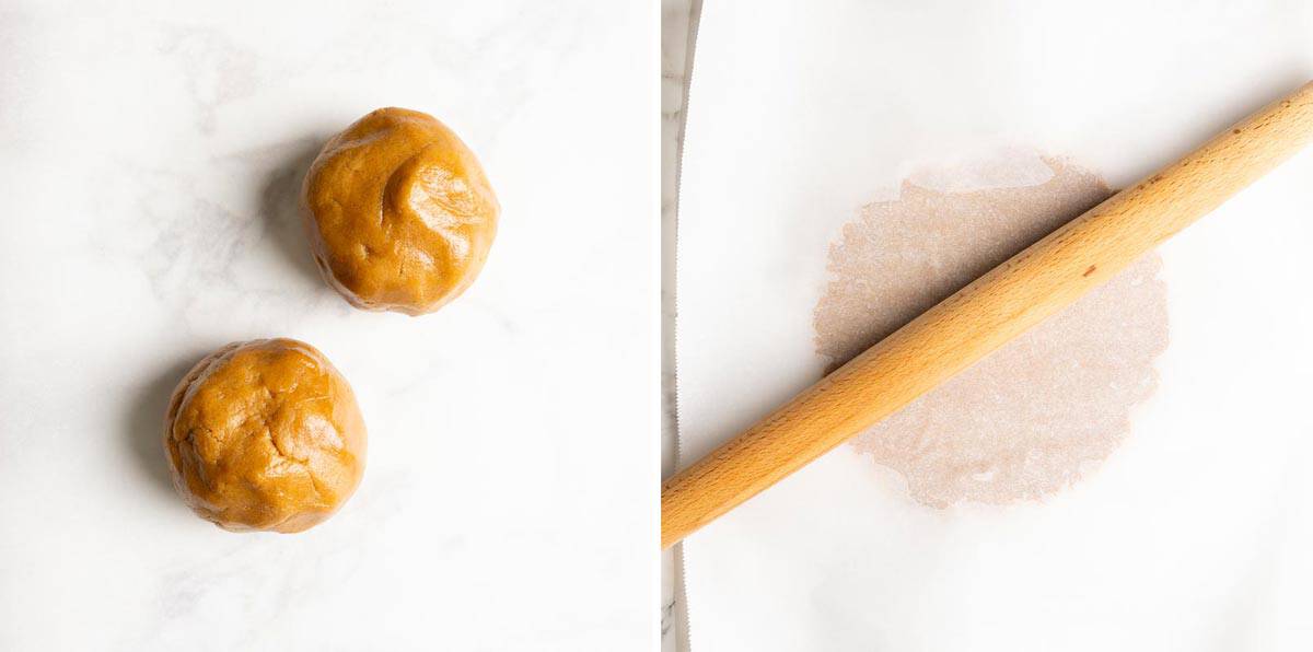 Two dough balls; rolling the dough out in between parchment paper.