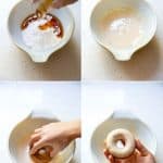 A collage of 4 photos showing how to make maple glaze and how to glaze the baked apple donuts