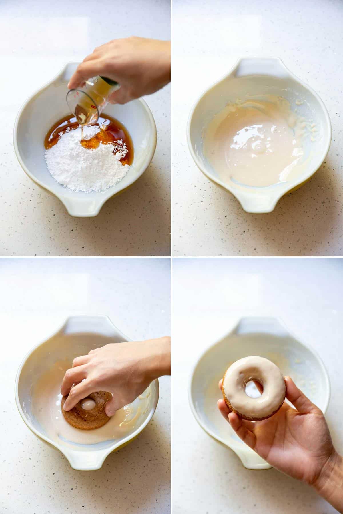 A collage of 4 photos showing how to make maple glaze and how to glaze the baked apple donuts