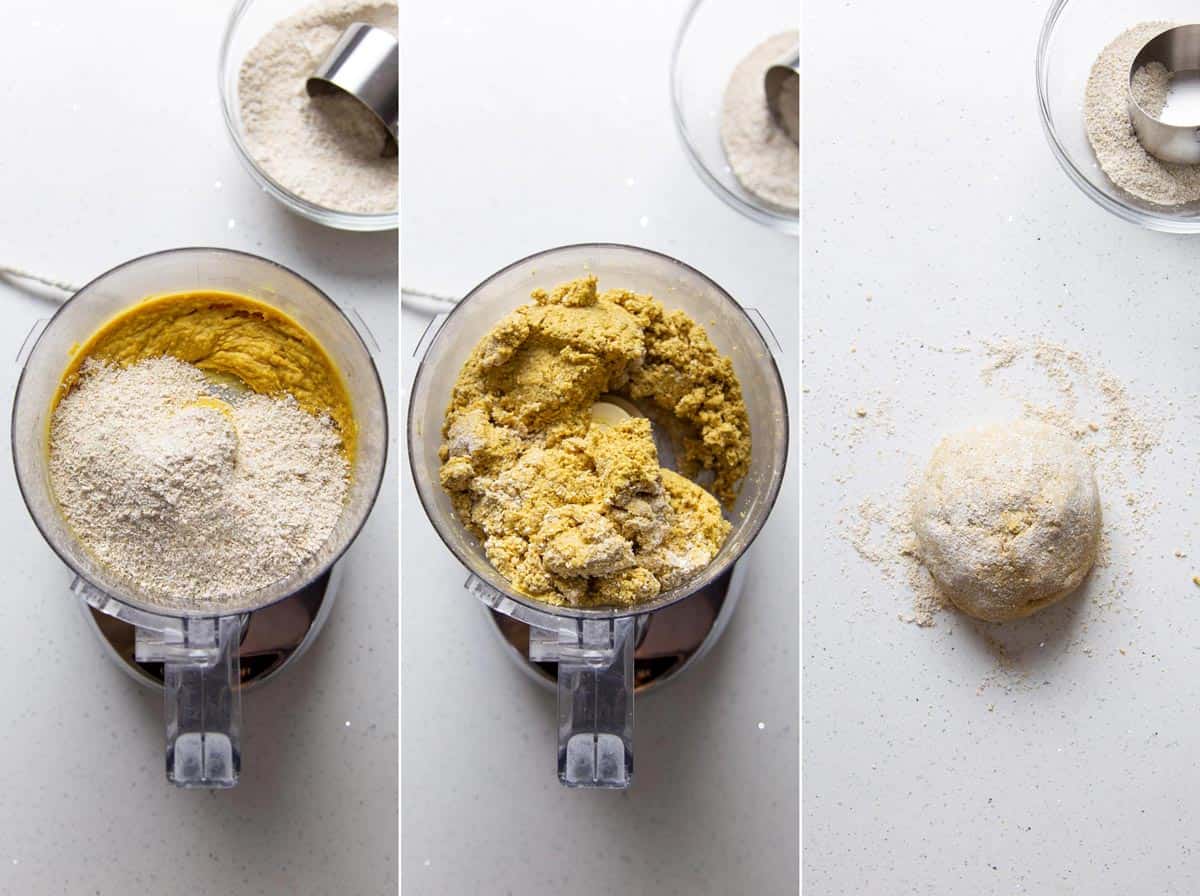 Add oat flour to the wet ingredients to make the dough.