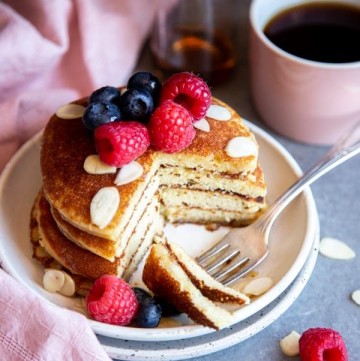 A stack of half eaten almond flour pancakes