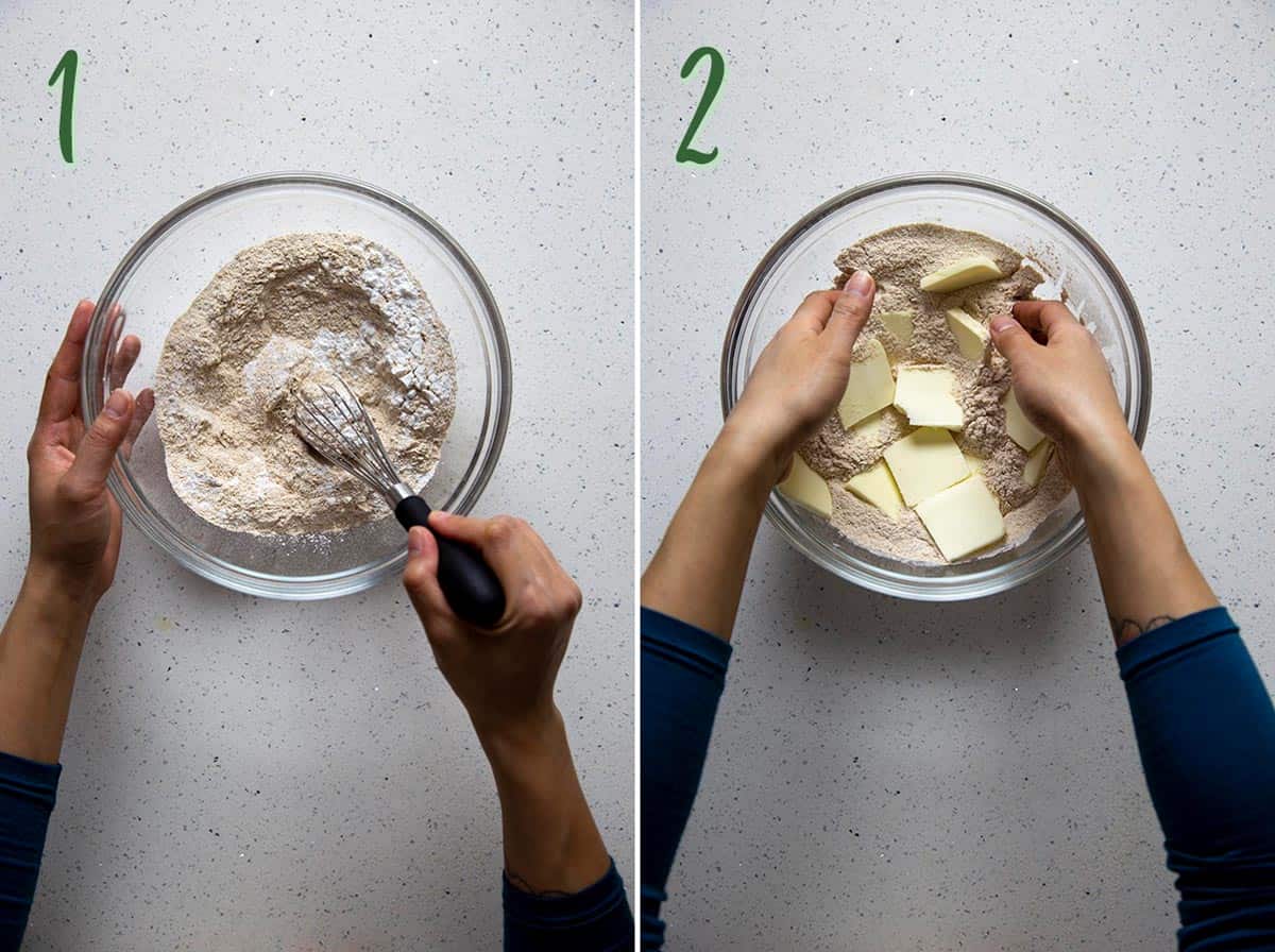 Collage of 2 photos: mixing dry ingredients, adding butter.