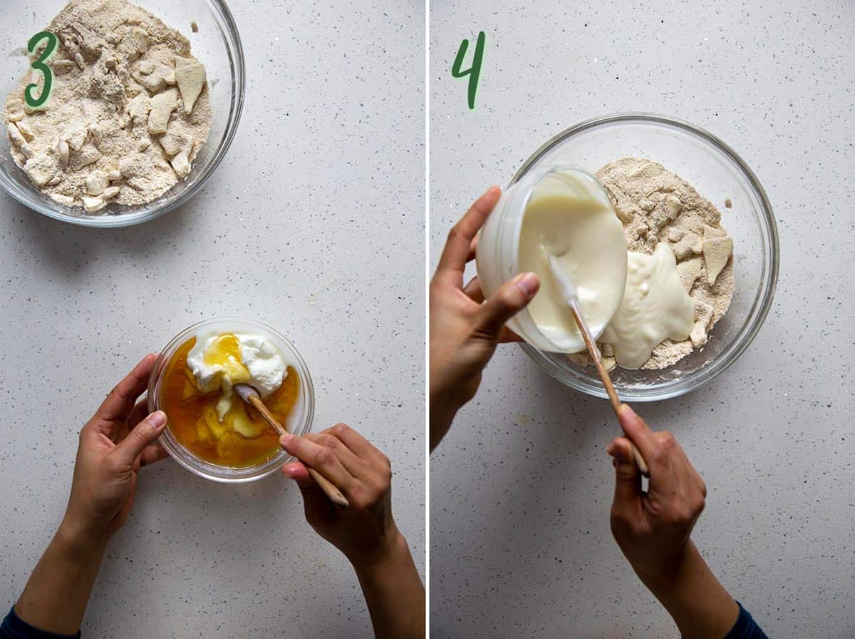 Collage of 2 photos: mixing yogurt and honey, adding mixture to flour mixture.
