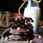 A stack of chocolate peanut butter chip cookies