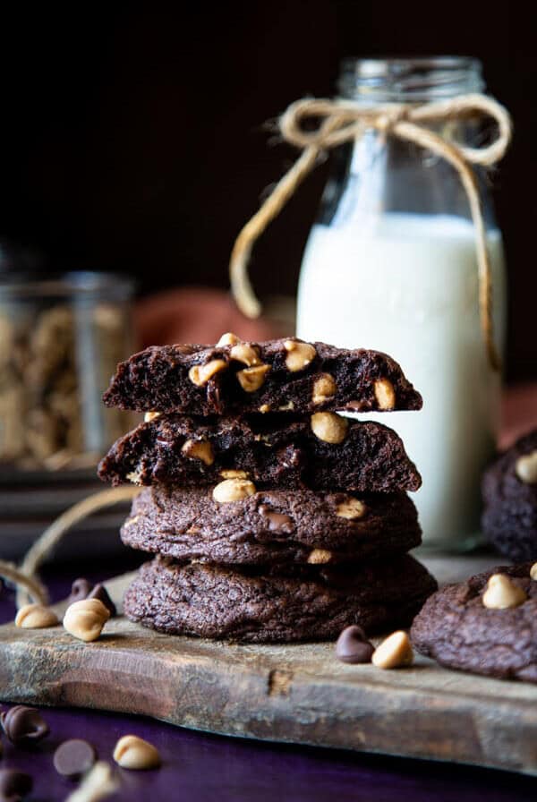 A stack of chocolate peanut butter chip cookies