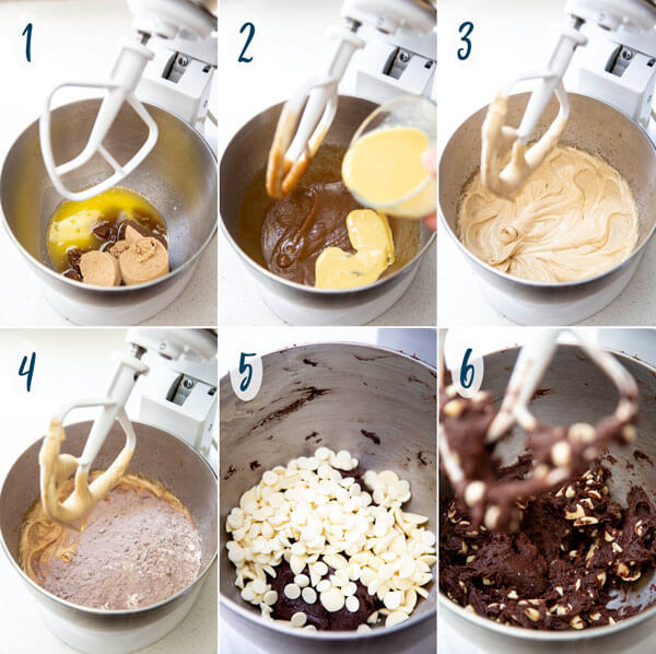 Making the chocolate white chocolate chip cookie dough