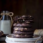 A stack of chocolate white chocolate chip cookies