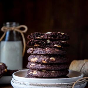 A stack of chocolate white chocolate chip cookies