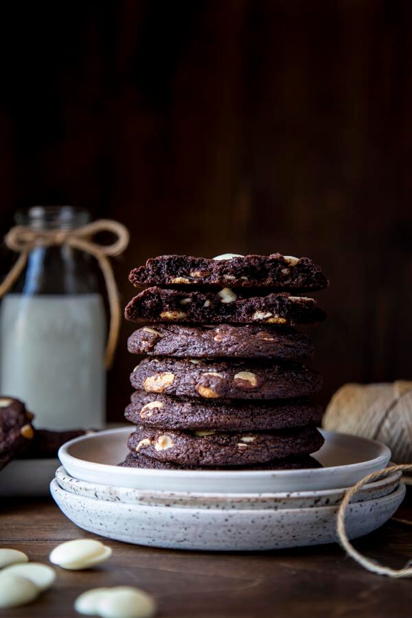 A stack of chocolate white chocolate chip cookies