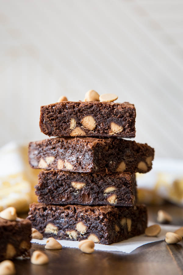A stack of peanut butter brownies