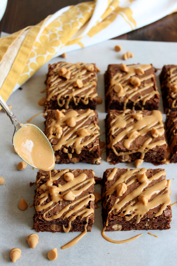 Peanut butter drizzling over Peanut Butter Brownies