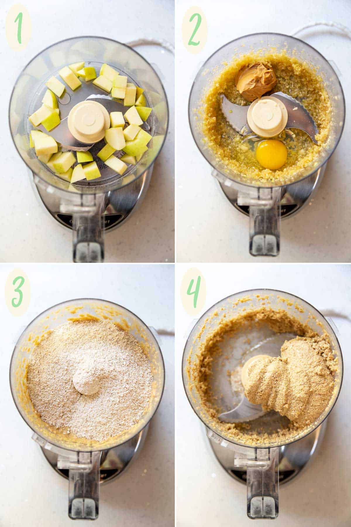 A collage of 4 photos showing how to make the dough in the food processor