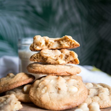 A stack of white chocolate macadamia nut cookies