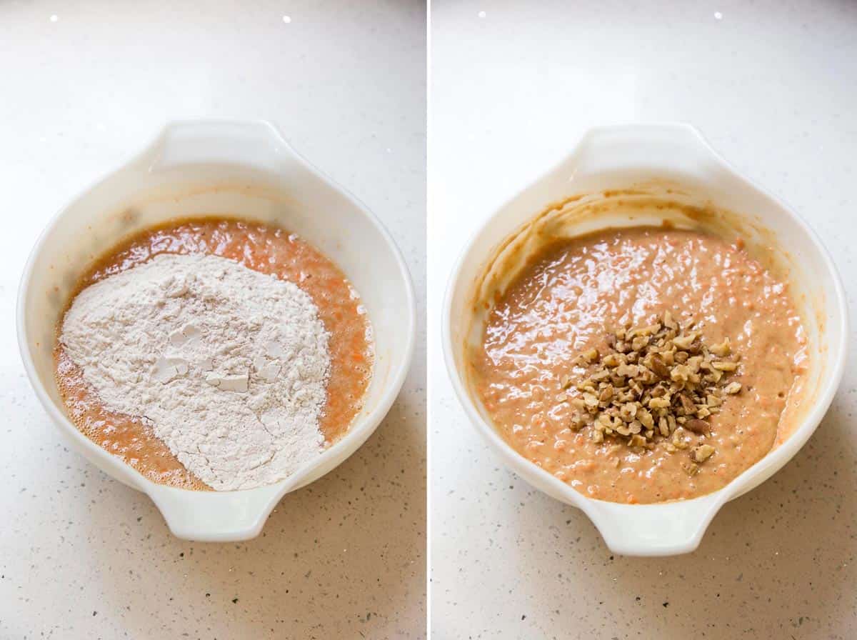 Adding dry ingredients to make carrot cupcake batter.