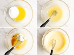Collage of 4 photos showing wet ingredients are beaten together to prepare white chocolate raspberry muffin batter.