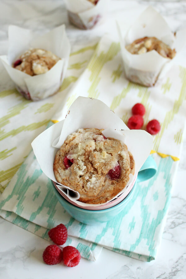 Raspberry White Chocolate Chip Muffins made with Whole Wheat Flour