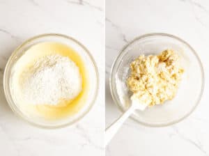 Collage of 2 images showing dry ingredients are added to make raspberry and white chocolate muffin batter.