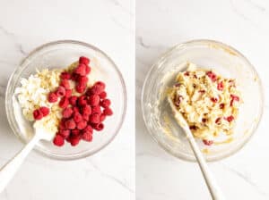 Collage of 2 images showing white chocolate and raspberries are incorporated into the muffin batter.