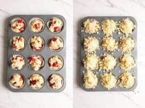 Collage of 2 images showing the white chocolate and raspberry muffin batter is divided into a muffin pan, then macadamia streusel is sprinkled on top.