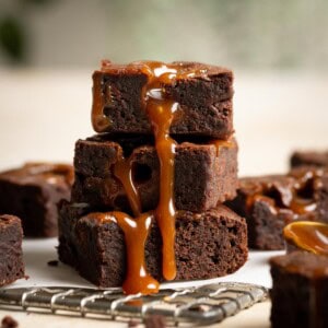 Salted caramel brownies with miso caramel dripping down the side.