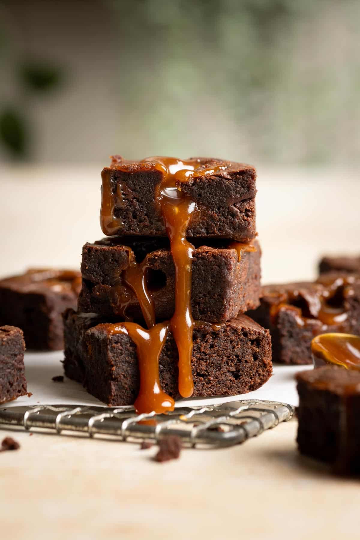 Salted caramel brownies with miso caramel dripping down the side.