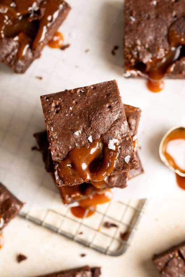 Overhead photo of a stack of salted caramel brownies.