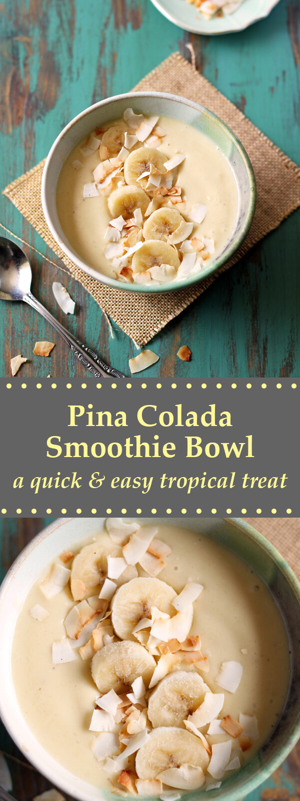 This easy Pina Colada Smoothie Bowl (minus the rum) is a healthy and tropical breakfast that will take you to the island in a spoon! | wildwildwhisk.com