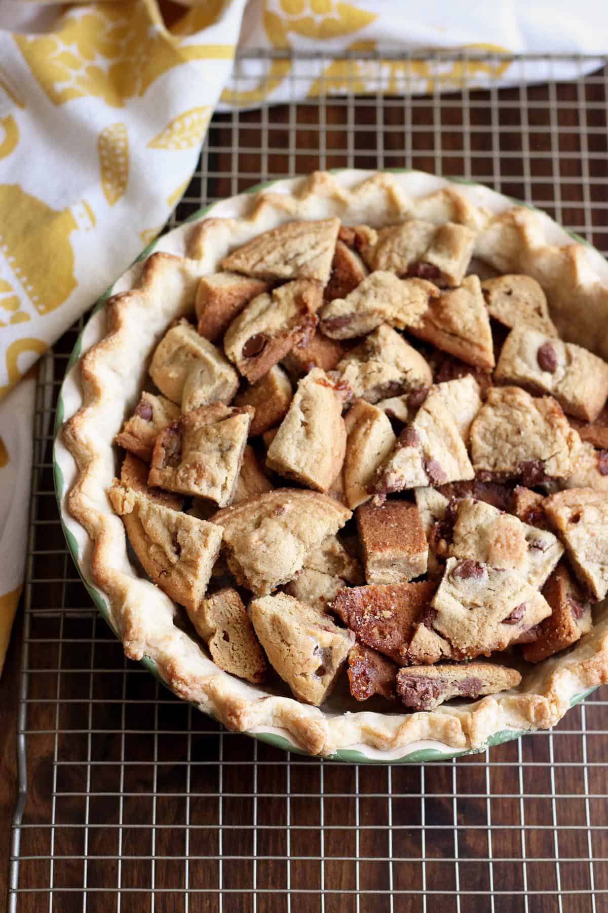 Chocolate chip cookie pieces inside a pie crust.