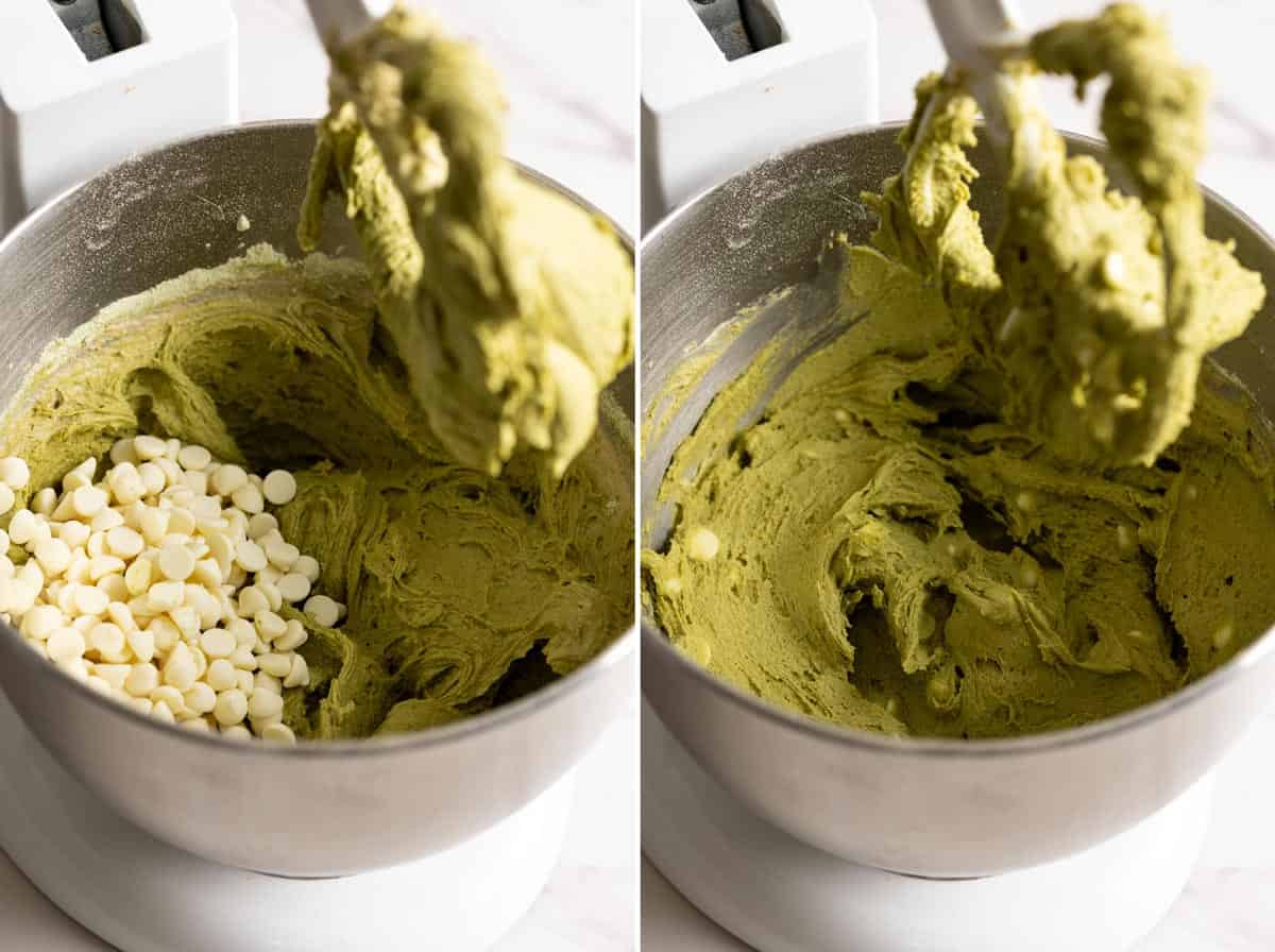 Add white chocolate chips to the green tea cookie dough.