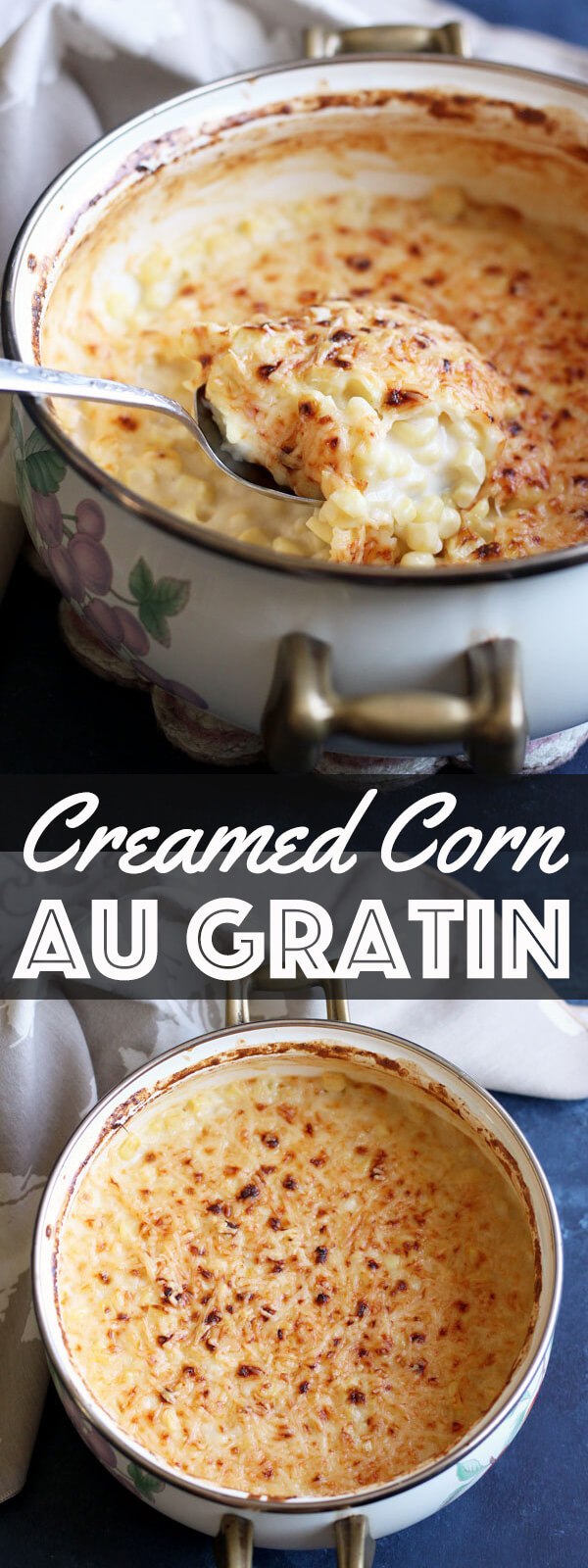 Creamed Corn au Gratin is a comforting sweet savory side dish that pairs well with both red meat and white meat, a perfect addition to your holiday menu. | wildwildwhisk.com