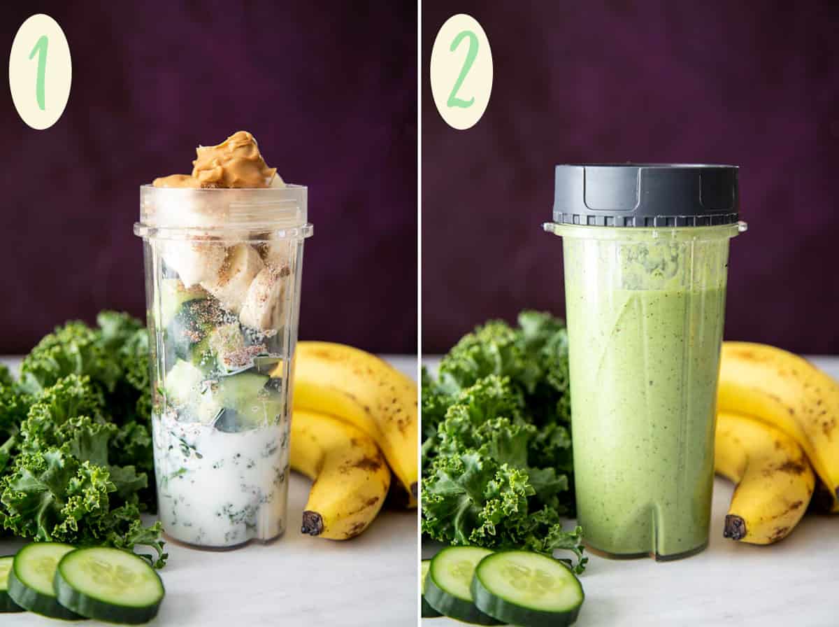 Collage of 2 photos showing smoothie ingredients in a personal blender and after processed