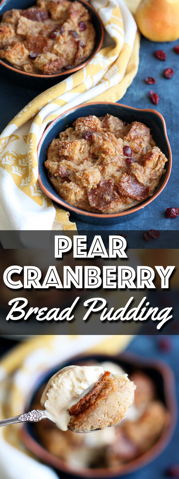 This Pear Cranberry Bread Pudding is a simple yet decadent dessert, baked up nicely in individual ramekins for easy sharing.  | wildwildwhisk.com